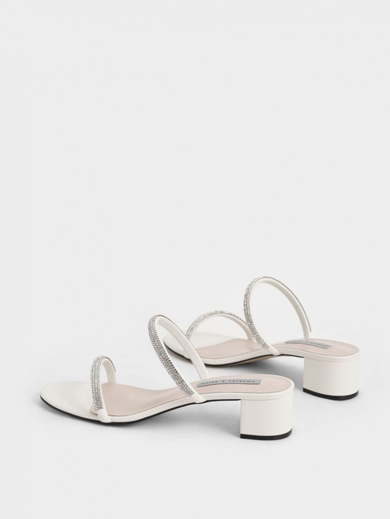 Charles And Keith Gem-Encrusted Strappy Heeled Mules Cream | PHILIPPINES V730