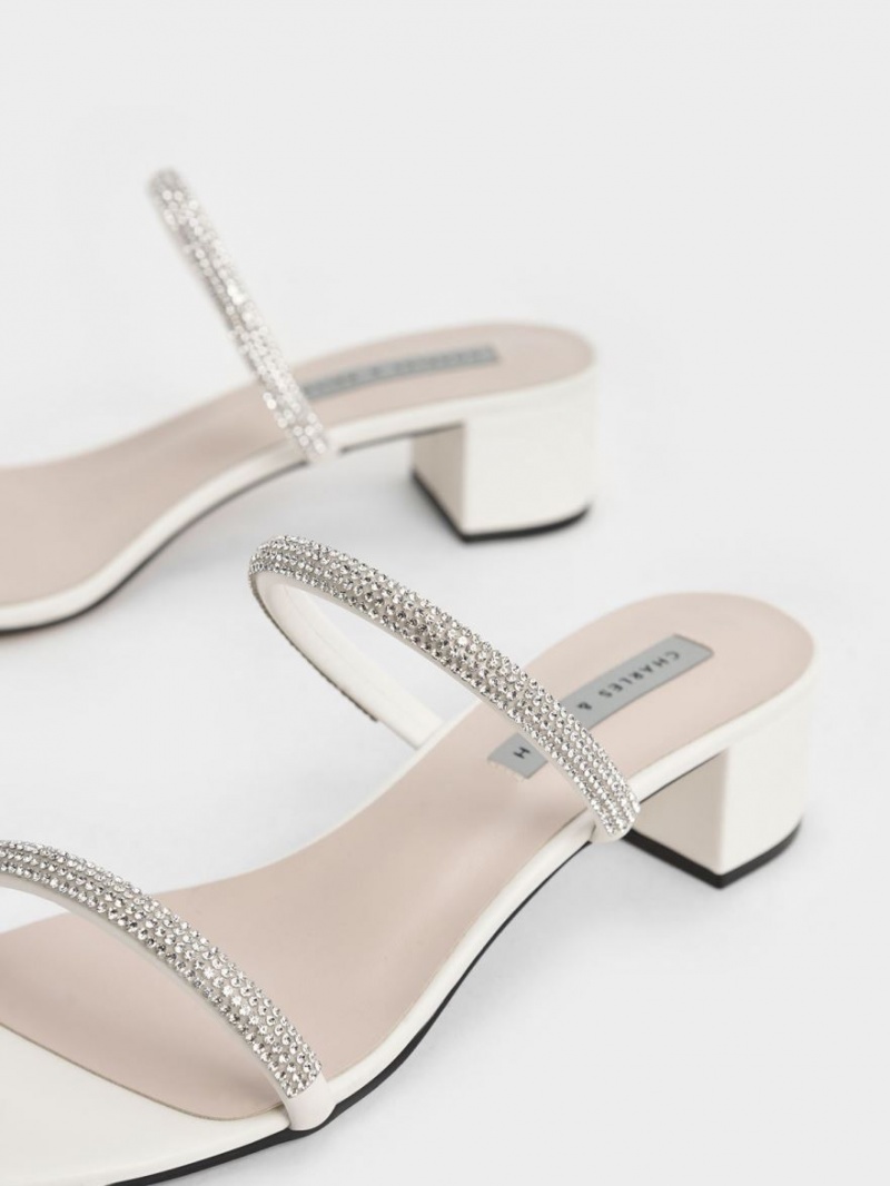 Charles And Keith Gem-Encrusted Strappy Heeled Mules Cream | PHILIPPINES V730