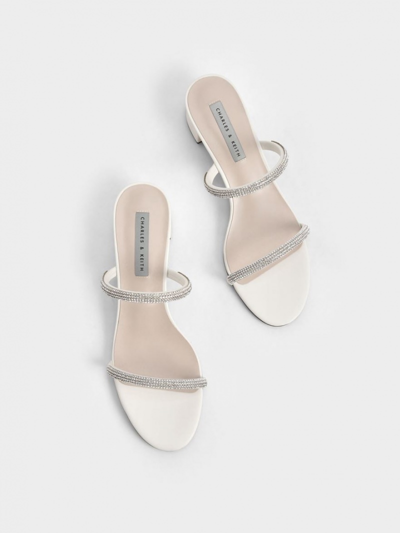 Charles And Keith Gem-Encrusted Strappy Heeled Mules Cream | PHILIPPINES V730