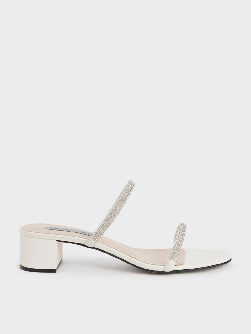 Charles And Keith Gem-Encrusted Strappy Heeled Mules Cream | PHILIPPINES V730