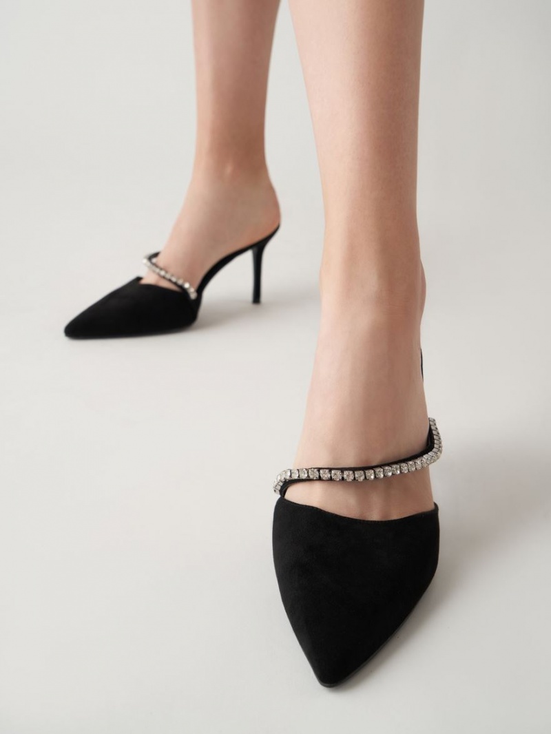 Charles And Keith Gem-Encrusted Textured Stiletto Mules Black | PHILIPPINES D142