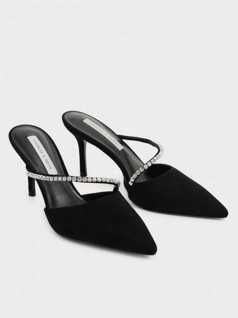 Charles And Keith Gem-Encrusted Textured Stiletto Mules Black | PHILIPPINES D142