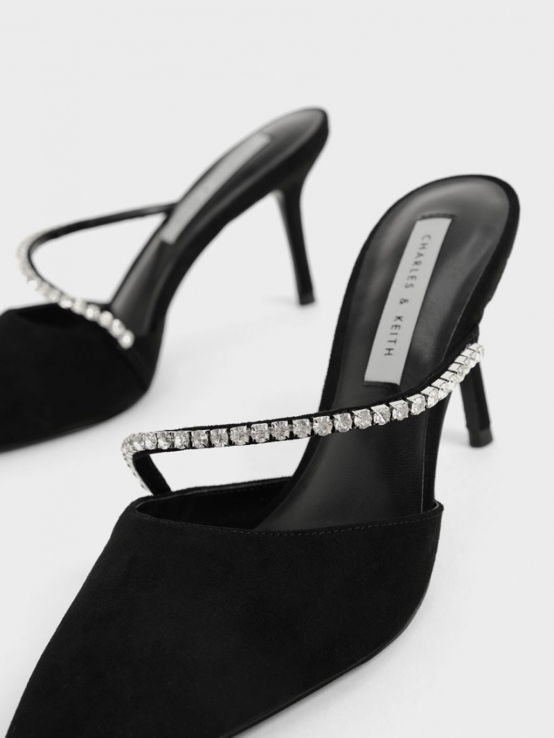 Charles And Keith Gem-Encrusted Textured Stiletto Mules Black | PHILIPPINES D142