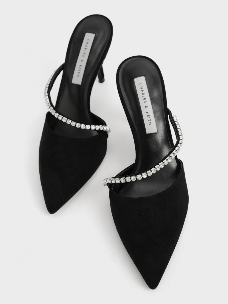 Charles And Keith Gem-Encrusted Textured Stiletto Mules Black | PHILIPPINES D142