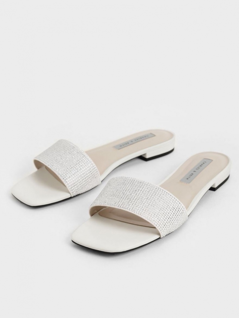 Charles And Keith Gem Embellished Slide Sandals Cream | PHILIPPINES Y075