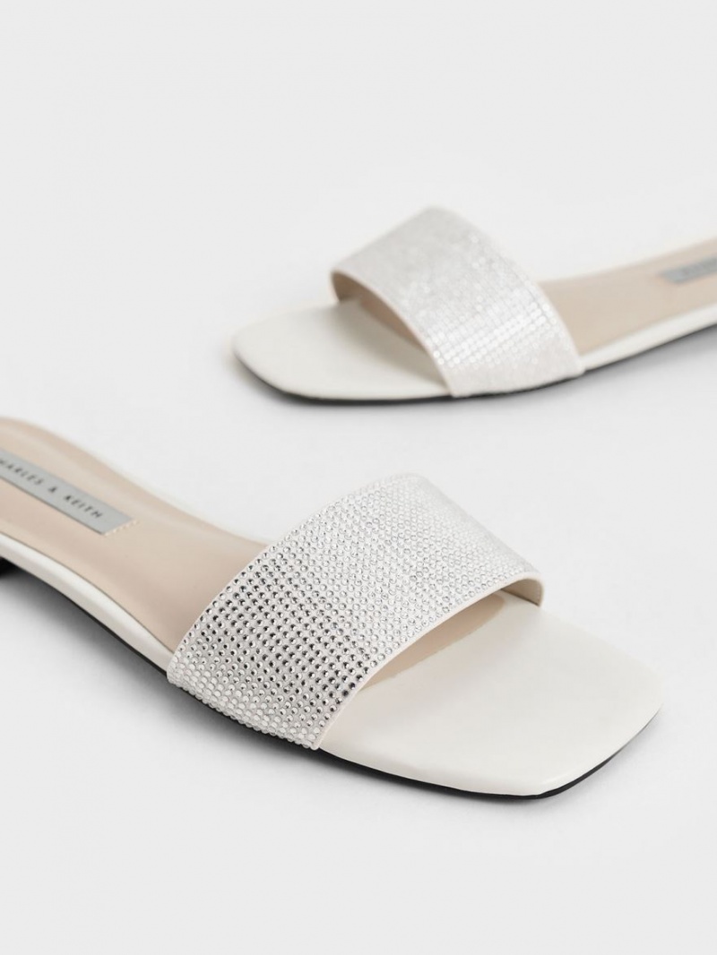 Charles And Keith Gem Embellished Slide Sandals Cream | PHILIPPINES Y075