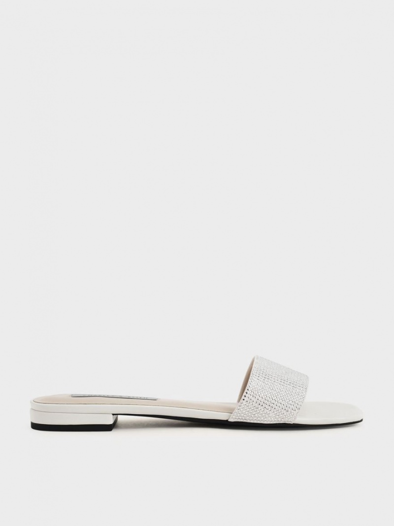 Charles And Keith Gem Embellished Slide Sandals Cream | PHILIPPINES Y075