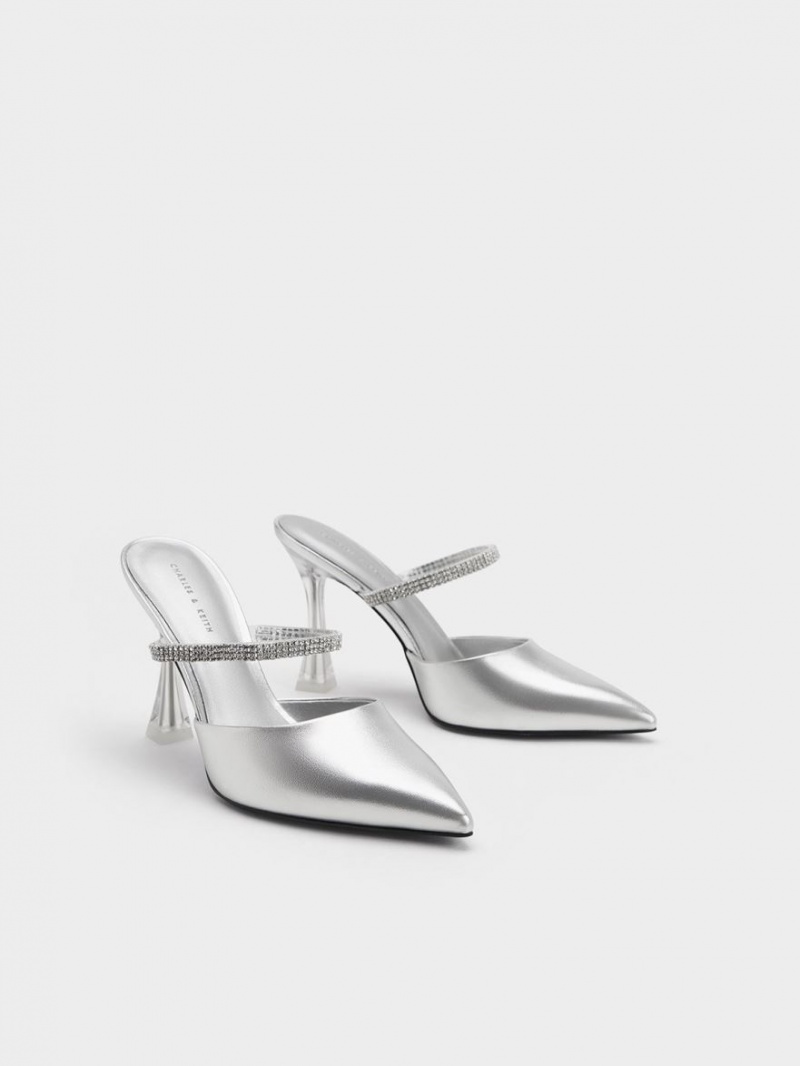 Charles And Keith Gem Strap Metallic Mules Silver | PHILIPPINES C570