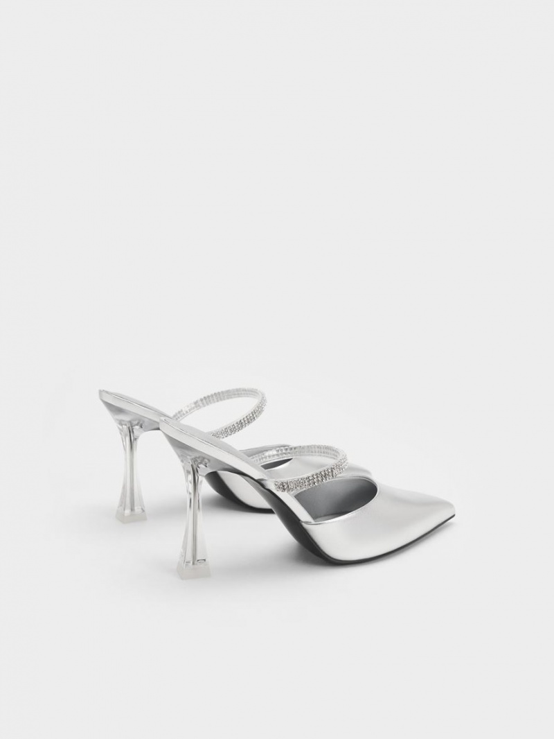 Charles And Keith Gem Strap Metallic Mules Silver | PHILIPPINES C570