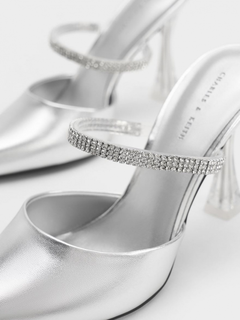 Charles And Keith Gem Strap Metallic Mules Silver | PHILIPPINES C570