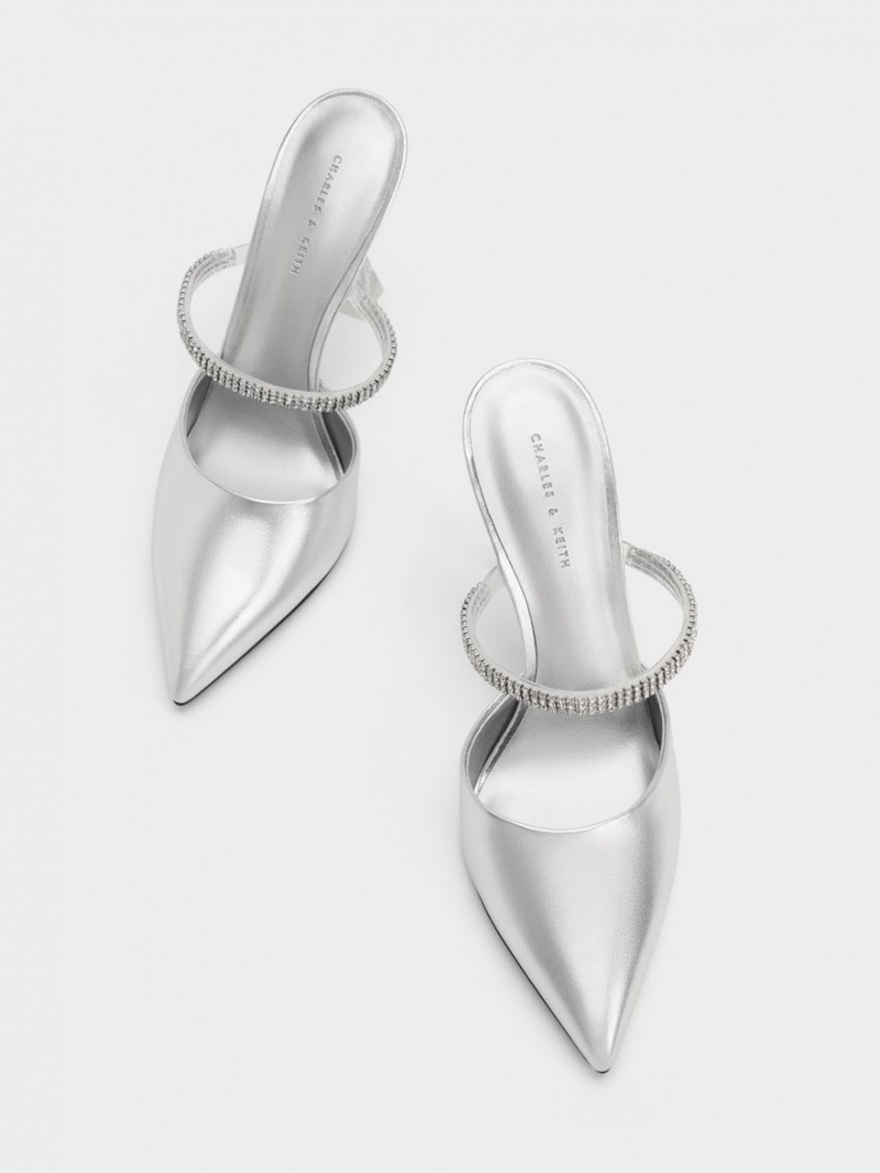 Charles And Keith Gem Strap Metallic Mules Silver | PHILIPPINES C570