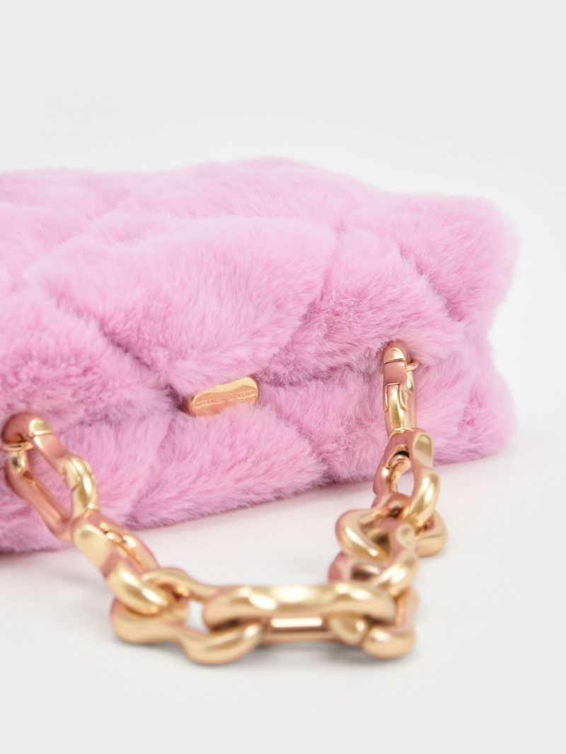 Charles And Keith Gemma Chunky Chain Handle Furry Quilted Boxy Crossbody Bags Pink | PHILIPPINES U627