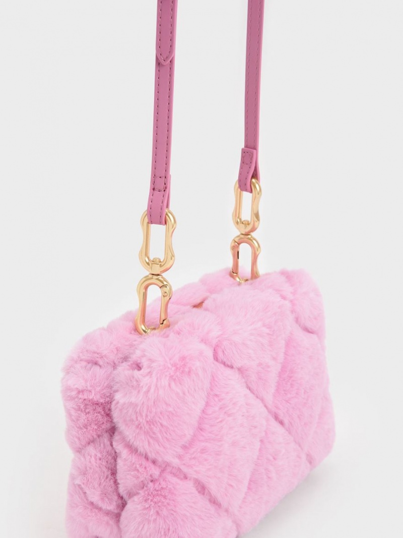 Charles And Keith Gemma Chunky Chain Handle Furry Quilted Boxy Crossbody Bags Pink | PHILIPPINES U627