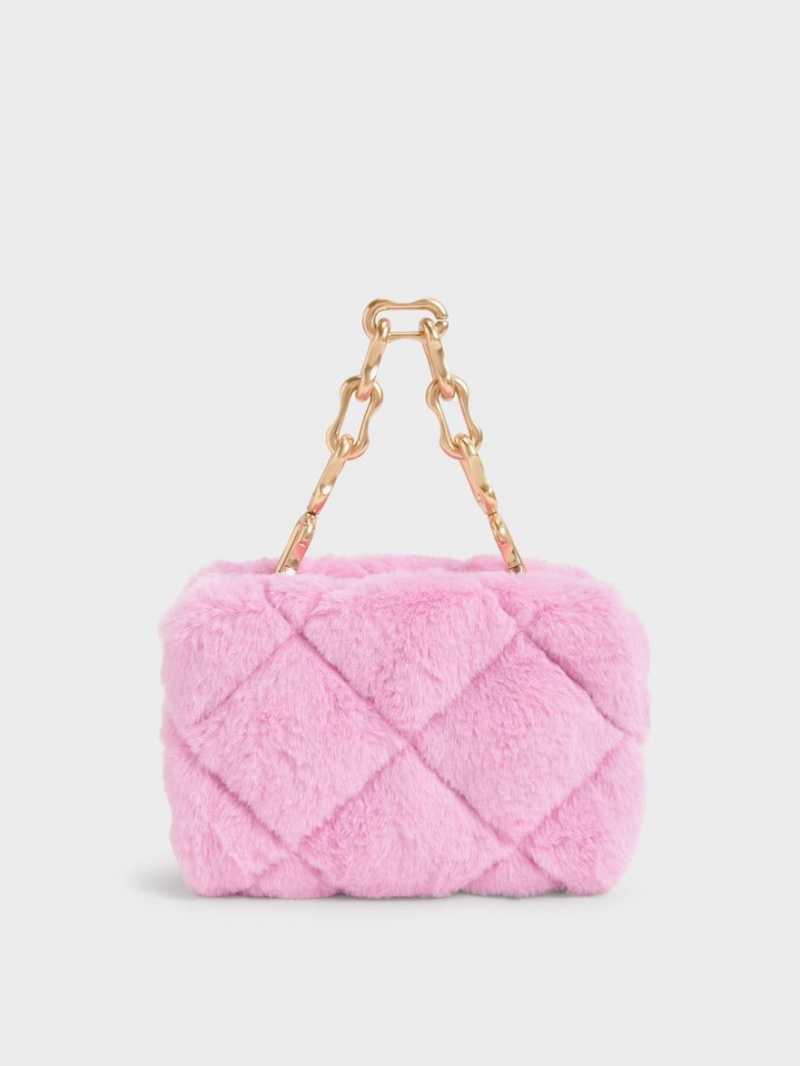 Charles And Keith Gemma Chunky Chain Handle Furry Quilted Boxy Crossbody Bags Pink | PHILIPPINES U627