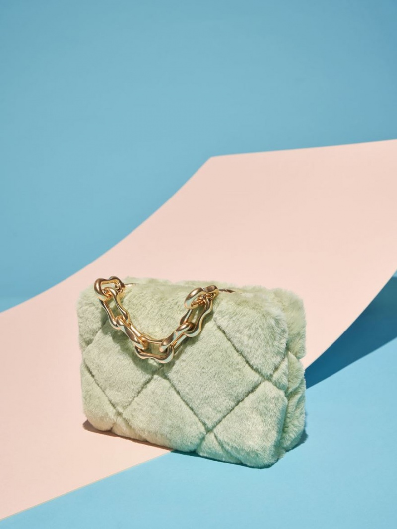 Charles And Keith Gemma Chunky Chain Handle Furry Quilted Boxy Crossbody Bags Mint | PHILIPPINES M203