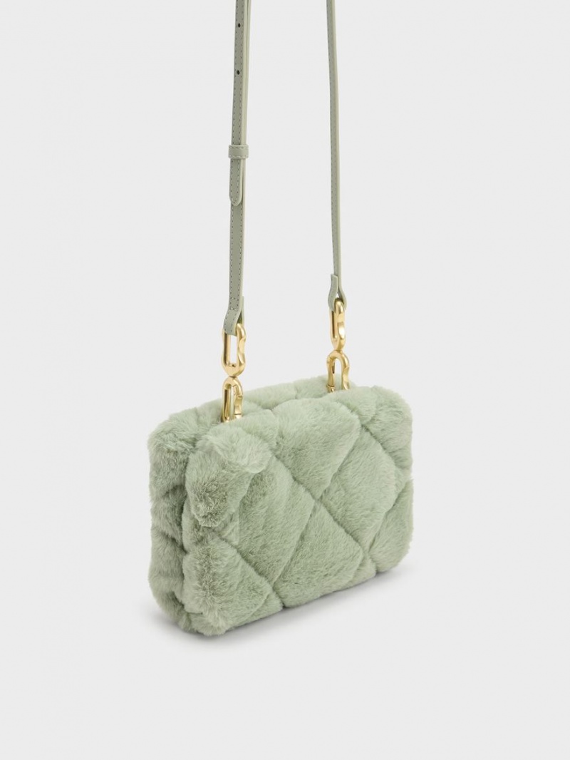 Charles And Keith Gemma Chunky Chain Handle Furry Quilted Boxy Crossbody Bags Mint | PHILIPPINES M203