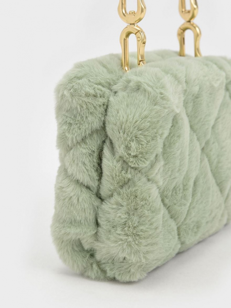 Charles And Keith Gemma Chunky Chain Handle Furry Quilted Boxy Crossbody Bags Mint | PHILIPPINES M203