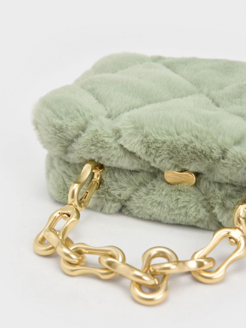 Charles And Keith Gemma Chunky Chain Handle Furry Quilted Boxy Crossbody Bags Mint | PHILIPPINES M203