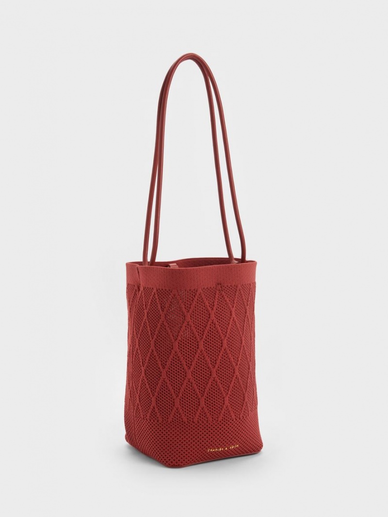 Charles And Keith Genoa Knitted Drawstring Tote Bags Dark Red | PHILIPPINES S930