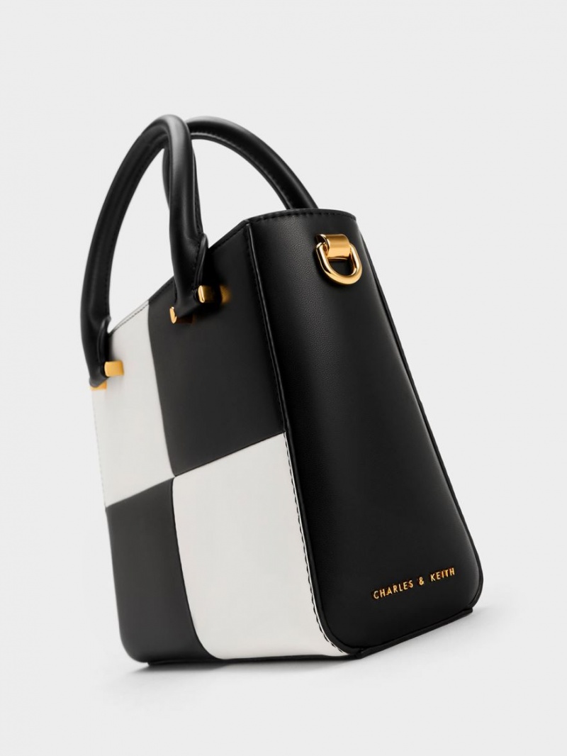 Charles And Keith Georgette Checkered Square Tote Bags Black / White | PHILIPPINES D640