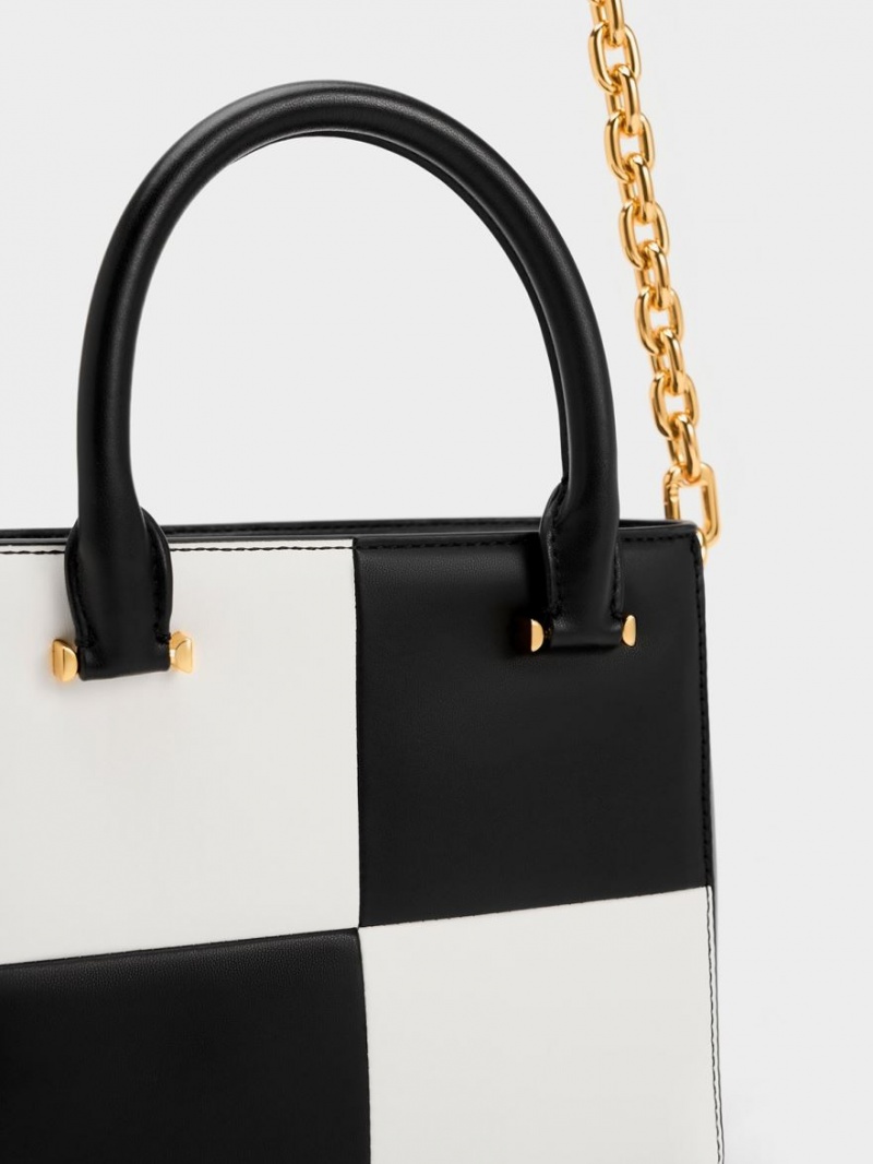 Charles And Keith Georgette Checkered Square Tote Bags Black / White | PHILIPPINES D640