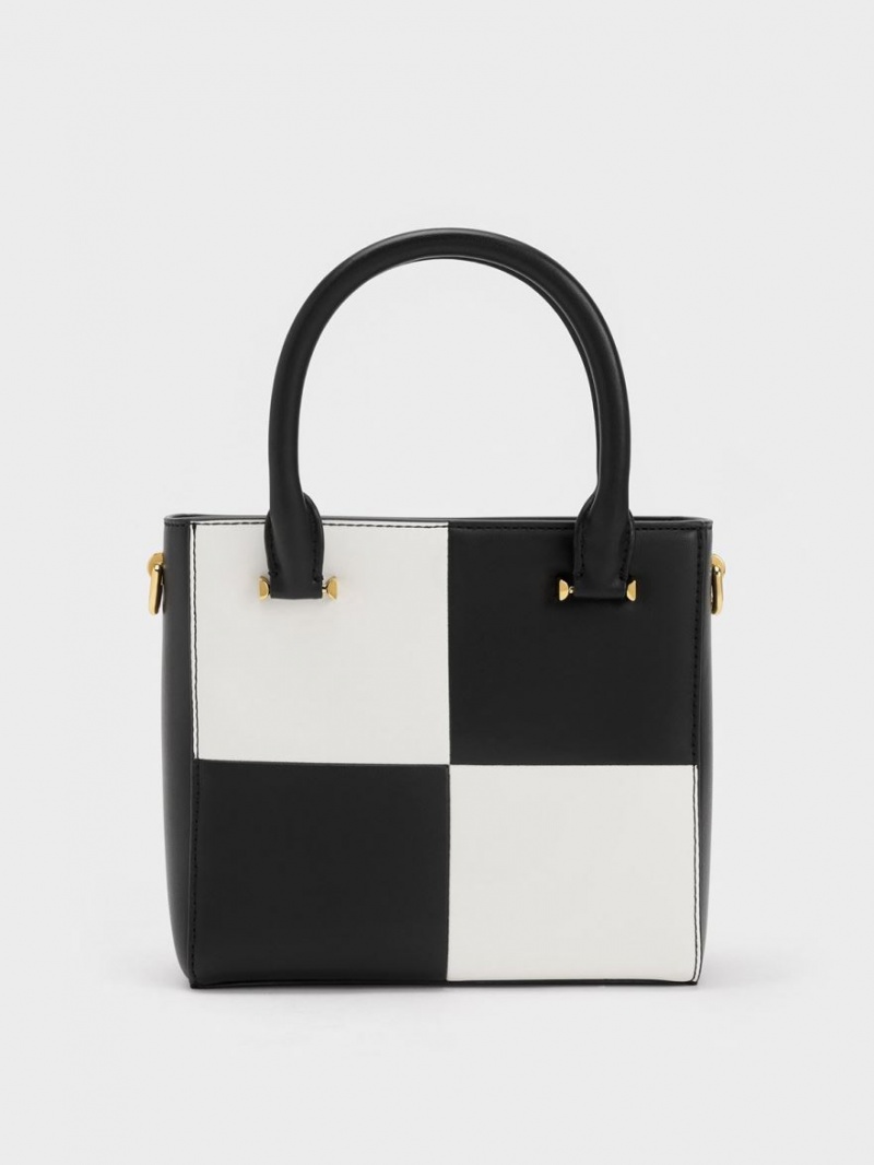 Charles And Keith Georgette Checkered Square Tote Bags Black / White | PHILIPPINES D640