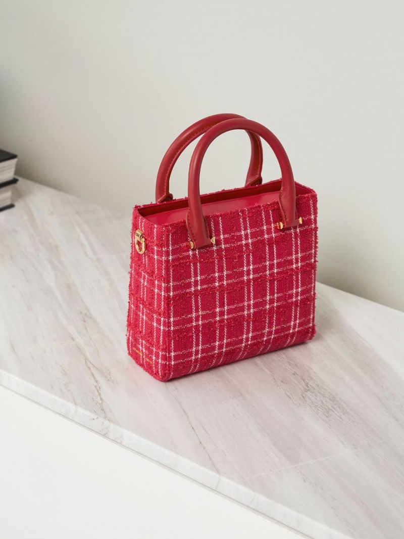 Charles And Keith Georgette Tweed Square Tote Bags Red | PHILIPPINES O564