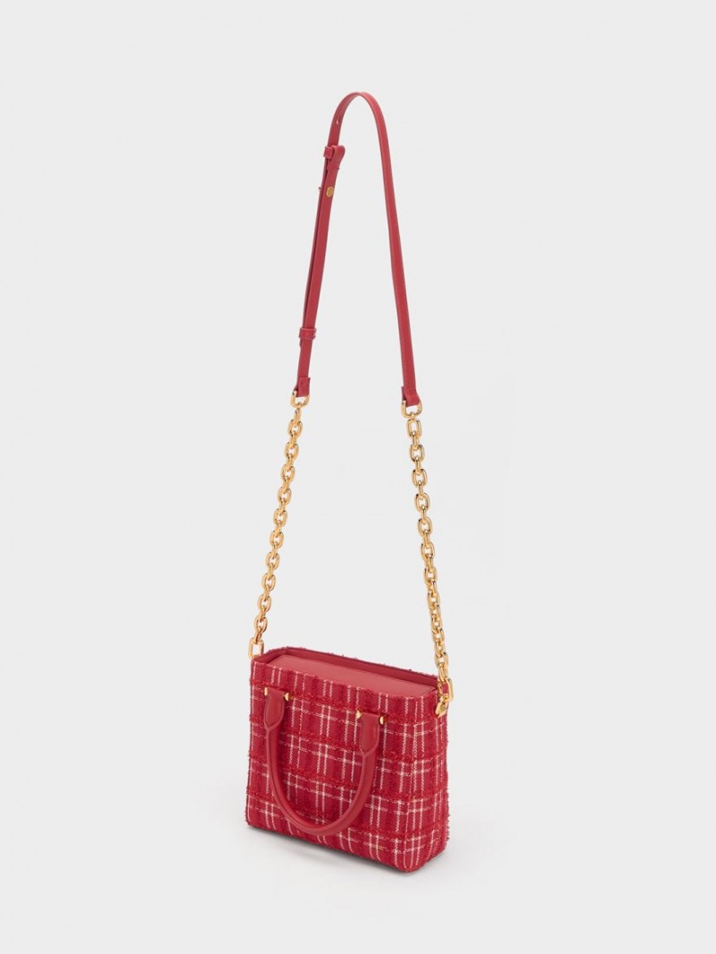 Charles And Keith Georgette Tweed Square Tote Bags Red | PHILIPPINES O564