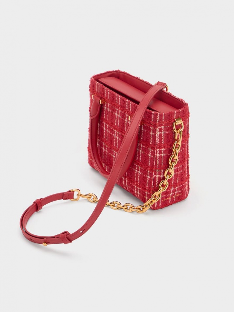 Charles And Keith Georgette Tweed Square Tote Bags Red | PHILIPPINES O564