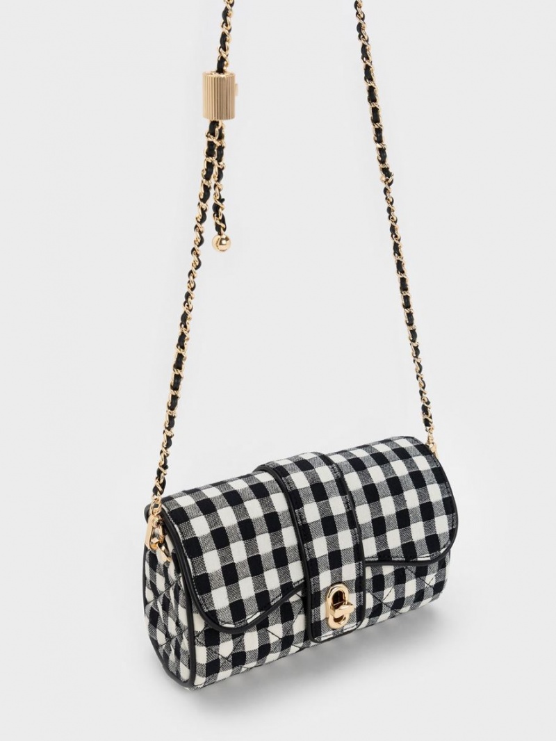 Charles And Keith Gingham Belted Crossbody Bags Black / White | PHILIPPINES T480