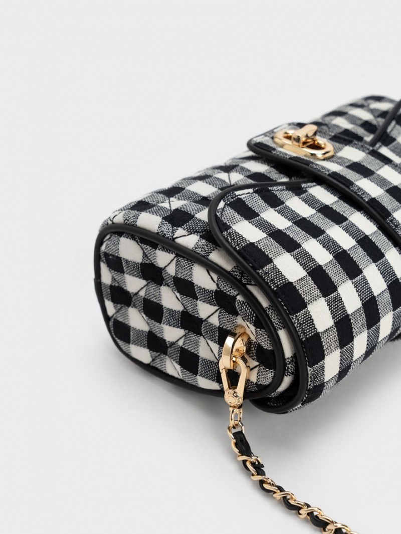 Charles And Keith Gingham Belted Crossbody Bags Black / White | PHILIPPINES T480