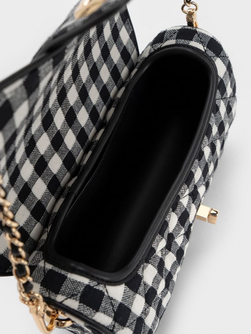 Charles And Keith Gingham Belted Crossbody Bags Black / White | PHILIPPINES T480