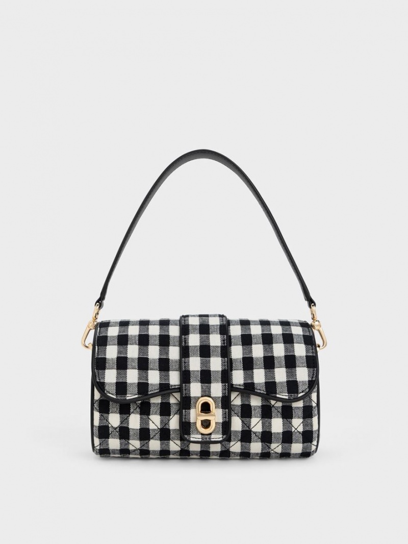 Charles And Keith Gingham Belted Crossbody Bags Black / White | PHILIPPINES T480