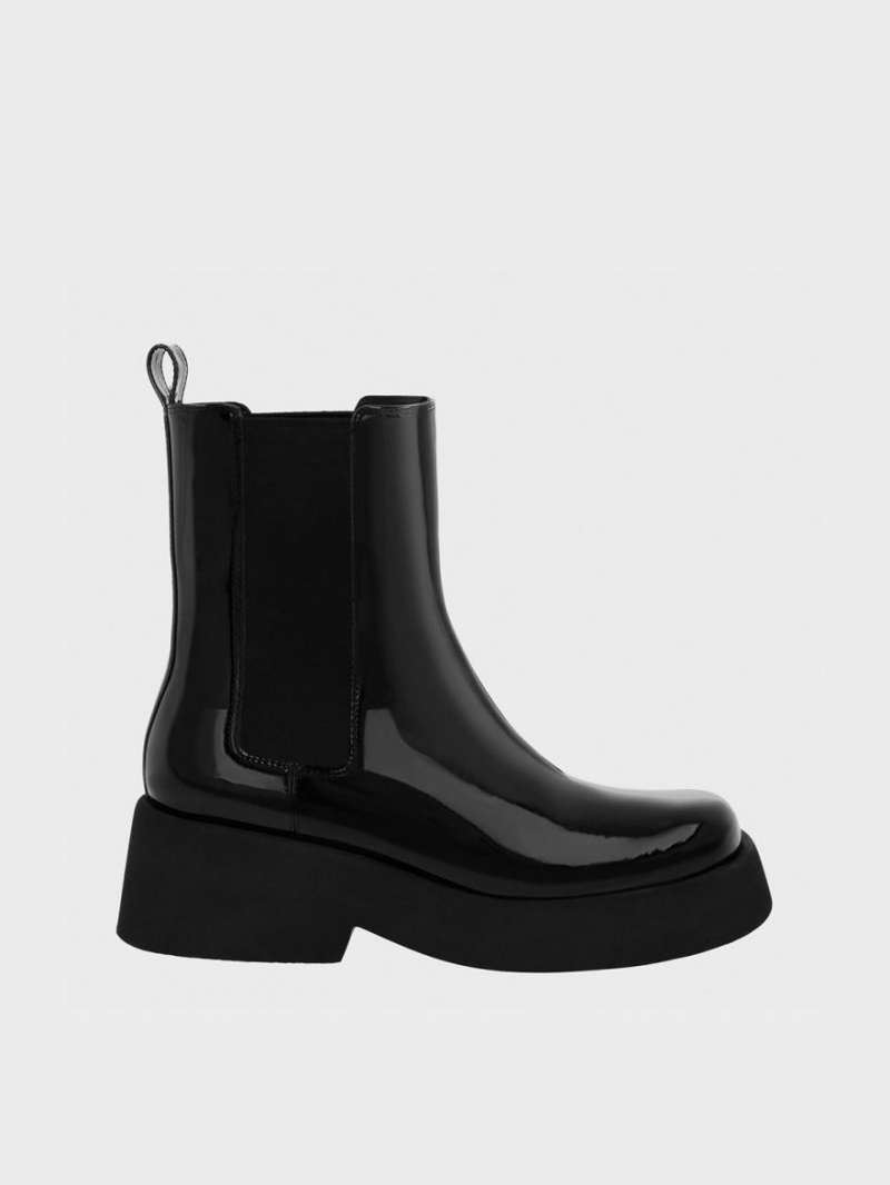 Charles And Keith Giselle Patent Chelsea Boots Black | PHILIPPINES O270