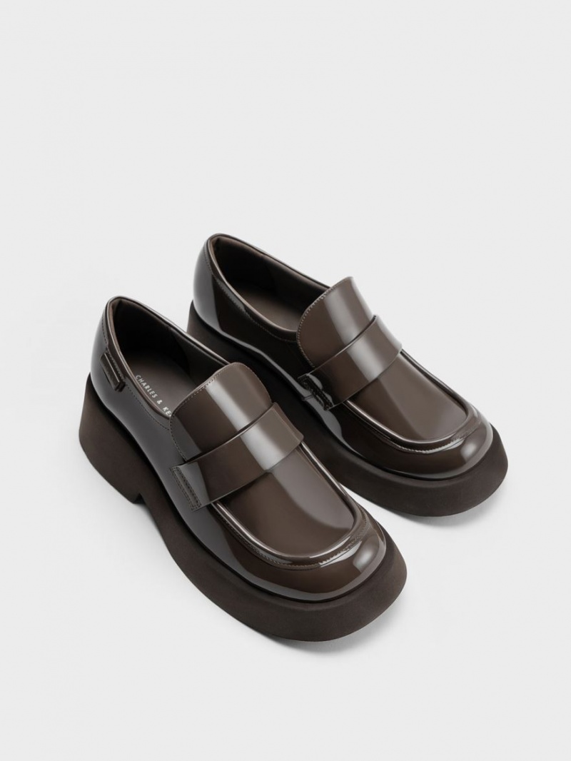 Charles And Keith Giselle Strap Chunky Patent Loafers Brown | PHILIPPINES E470