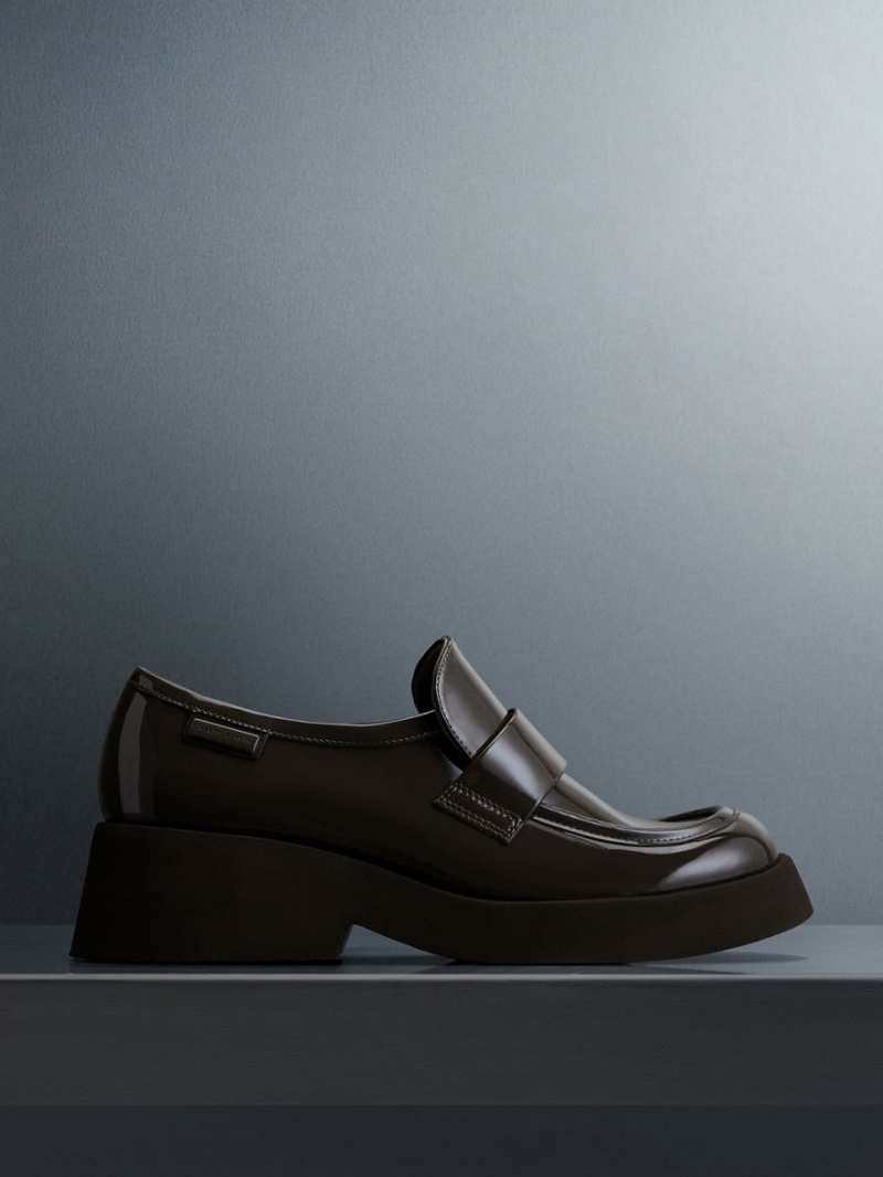 Charles And Keith Giselle Strap Chunky Patent Loafers Brown | PHILIPPINES E470