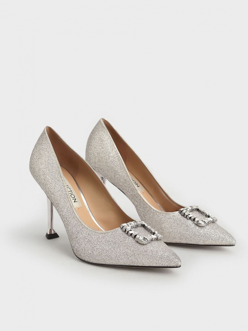 Charles And Keith Glitter Gem-Embellished Pumps Silver | PHILIPPINES U157