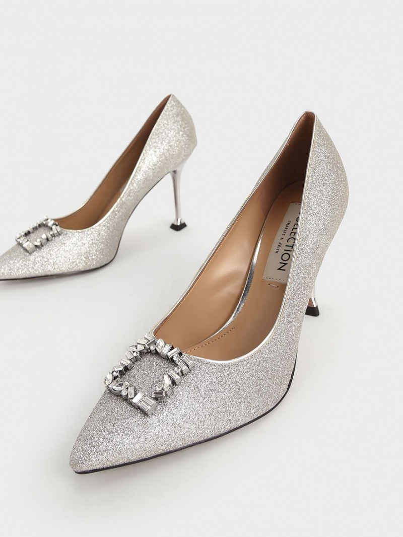 Charles And Keith Glitter Gem-Embellished Pumps Silver | PHILIPPINES U157