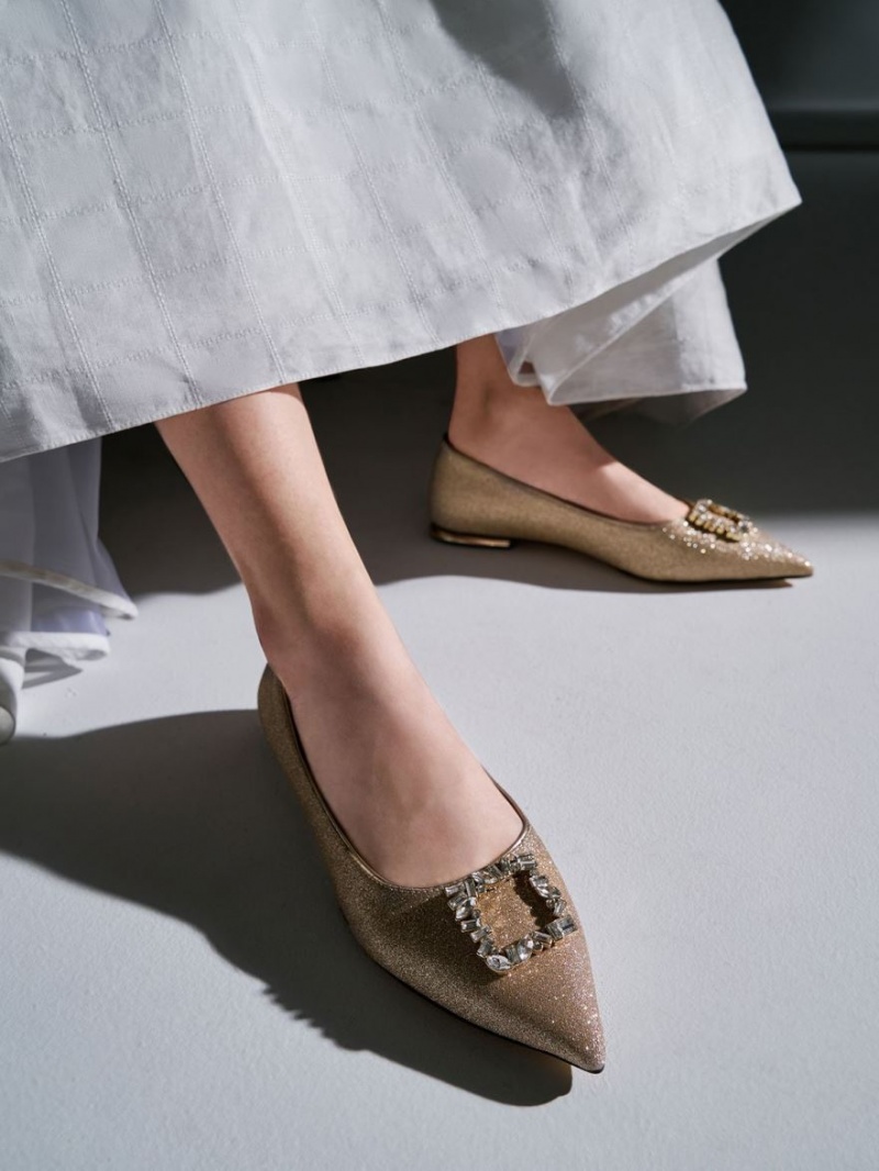 Charles And Keith Glitter Gem-Embellished Ballet Flats Gold | PHILIPPINES B830