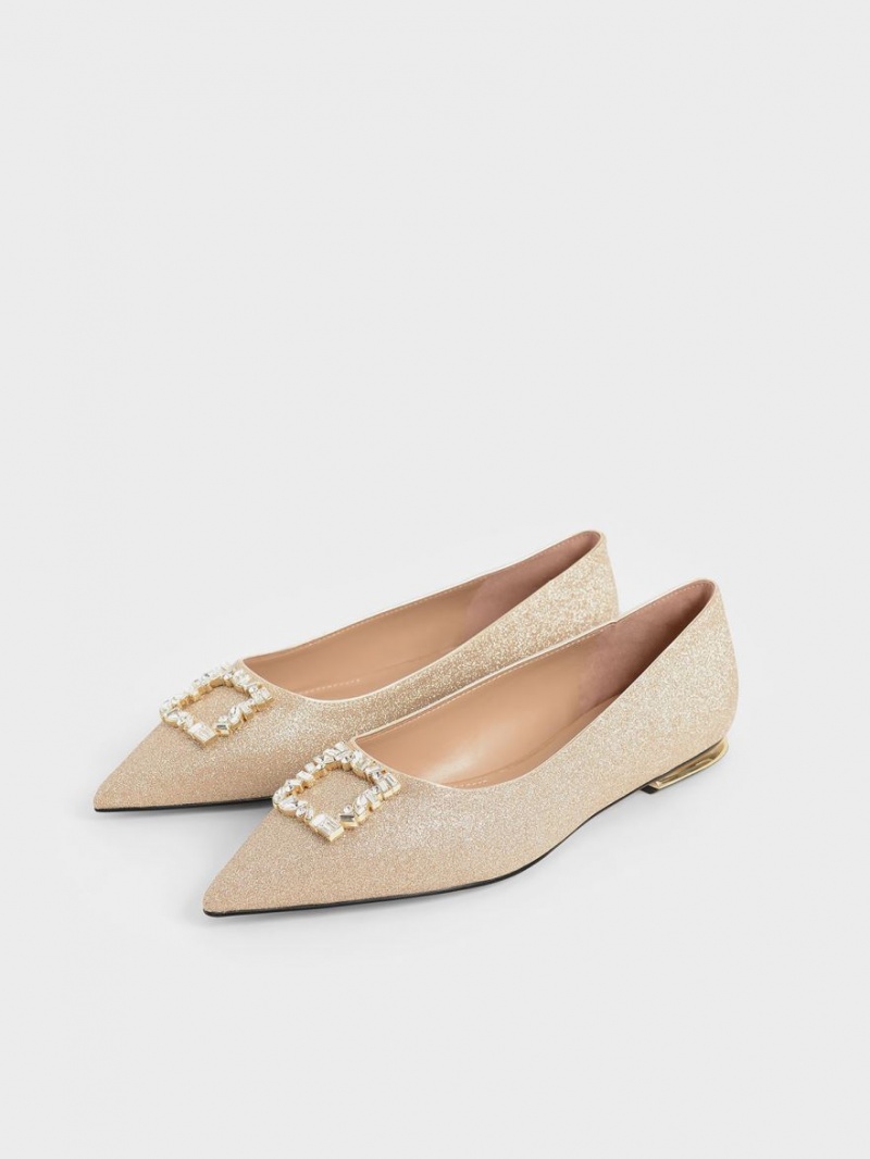 Charles And Keith Glitter Gem-Embellished Ballet Flats Gold | PHILIPPINES B830