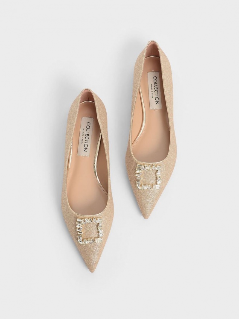 Charles And Keith Glitter Gem-Embellished Ballet Flats Gold | PHILIPPINES B830