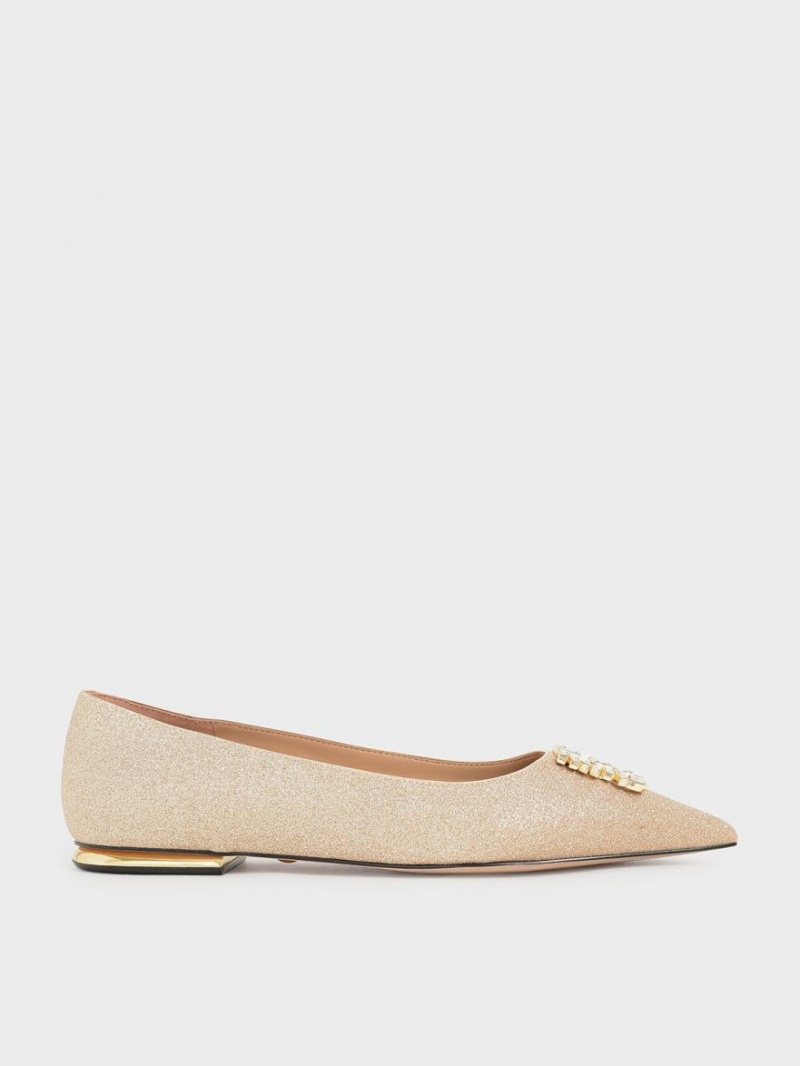 Charles And Keith Glitter Gem-Embellished Ballet Flats Gold | PHILIPPINES B830