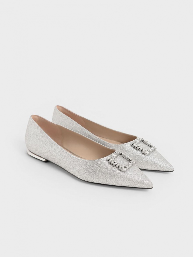 Charles And Keith Glitter Gem-Embellished Ballet Flats Silver | PHILIPPINES C679