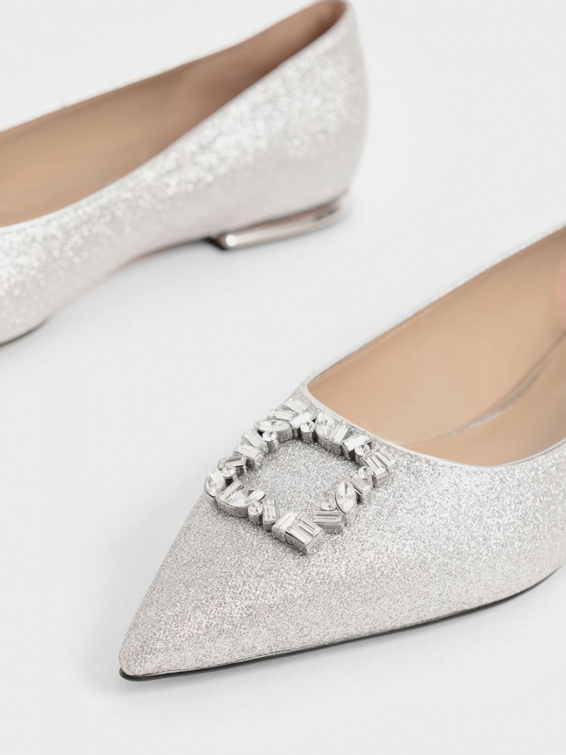 Charles And Keith Glitter Gem-Embellished Ballet Flats Silver | PHILIPPINES C679