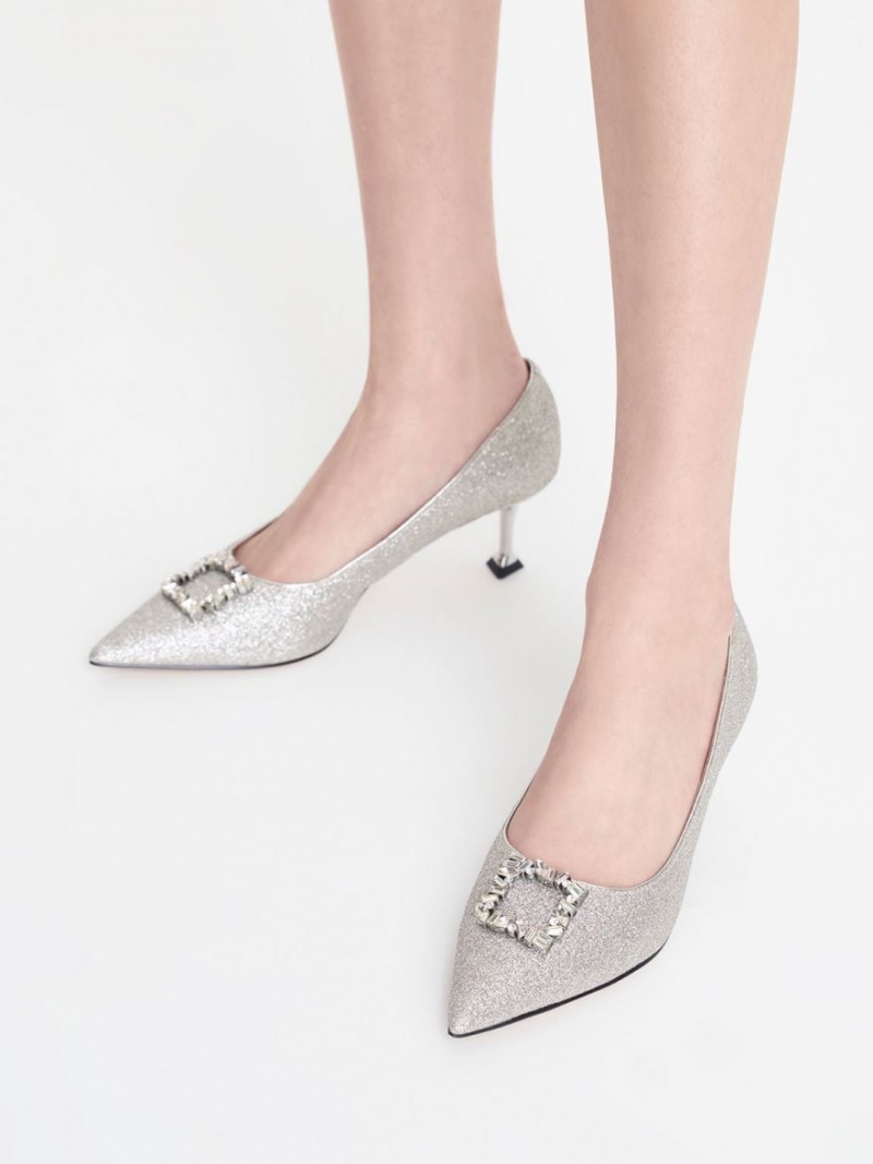 Charles And Keith Glittered Gem-Embellished Kitten Heel Pumps Silver | PHILIPPINES Y807