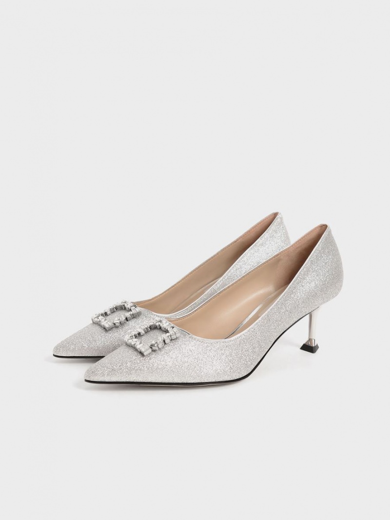 Charles And Keith Glittered Gem-Embellished Kitten Heel Pumps Silver | PHILIPPINES Y807