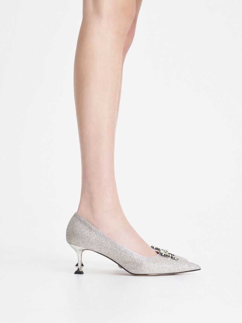 Charles And Keith Glittered Gem-Embellished Kitten Heel Pumps Silver | PHILIPPINES Y807