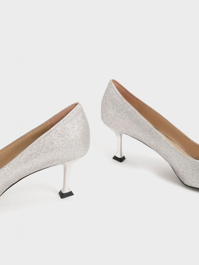 Charles And Keith Glittered Gem-Embellished Kitten Heel Pumps Silver | PHILIPPINES Y807