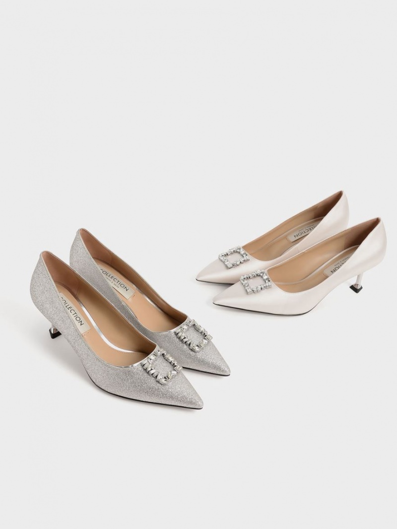 Charles And Keith Glittered Gem-Embellished Kitten Heel Pumps Silver | PHILIPPINES Y807