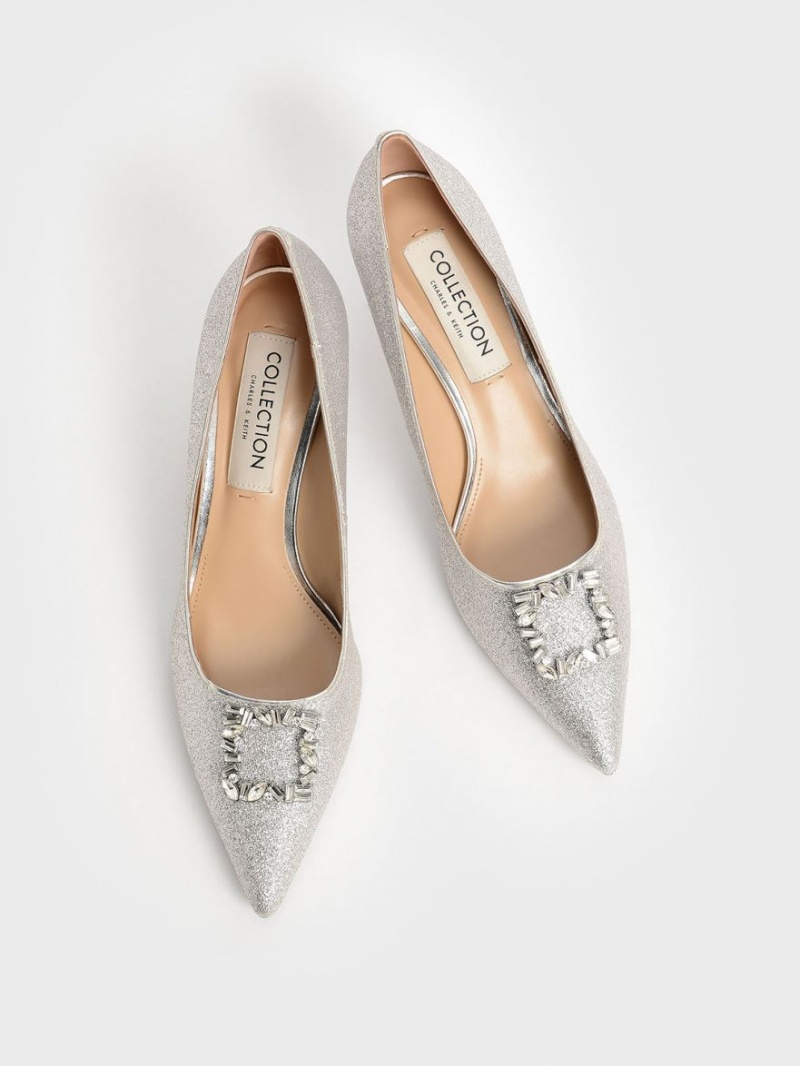 Charles And Keith Glittered Gem-Embellished Kitten Heel Pumps Silver | PHILIPPINES Y807